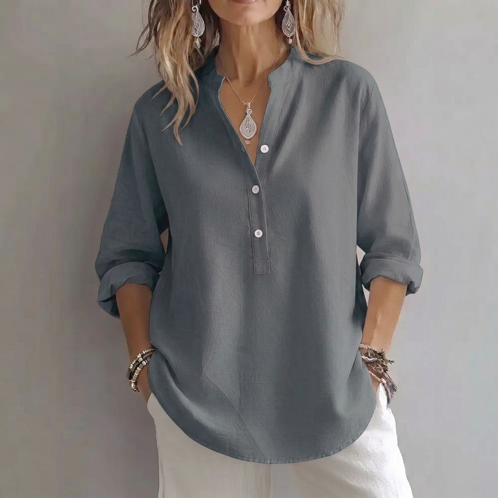 Women's Summer Vintage Solid Color Half-Button Loose Fit Shirt