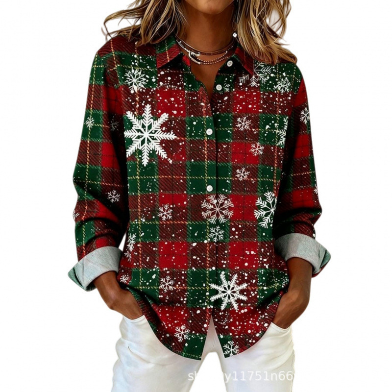 Women's Plaid Floral Print Long Sleeve Button-Up Shirt