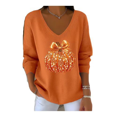 Pumpkin Ribbon Print V-Neck Long Sleeve Women's Top