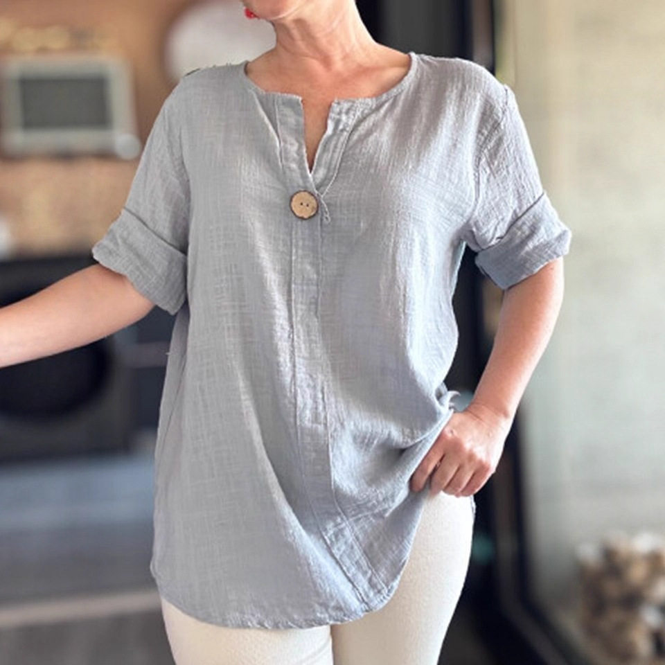 Women's Loose V-Neck Cotton Linen Button T-Shirt