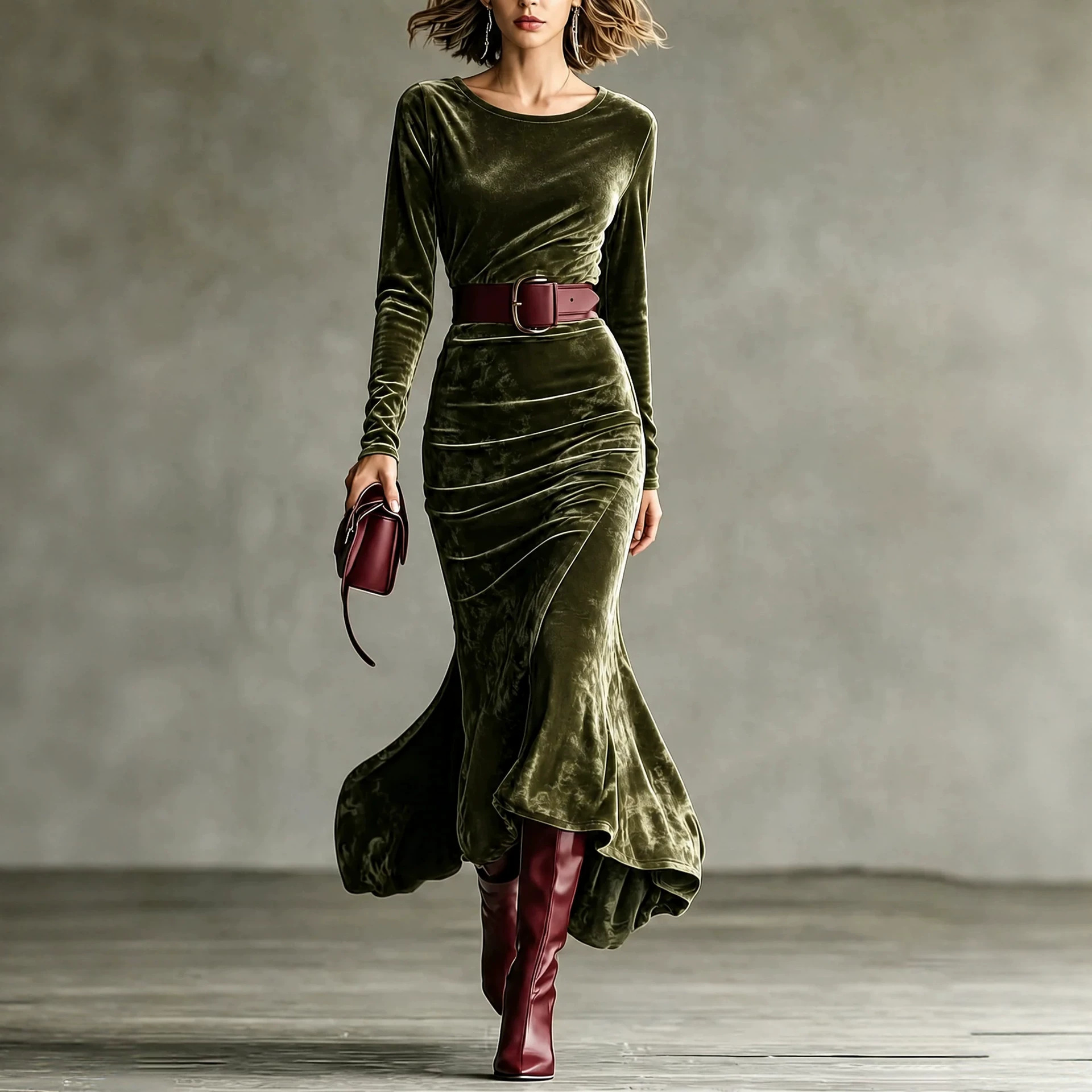 Elegant Velvet Long Sleeve Round Neck Slim Fit Mermaid Dress