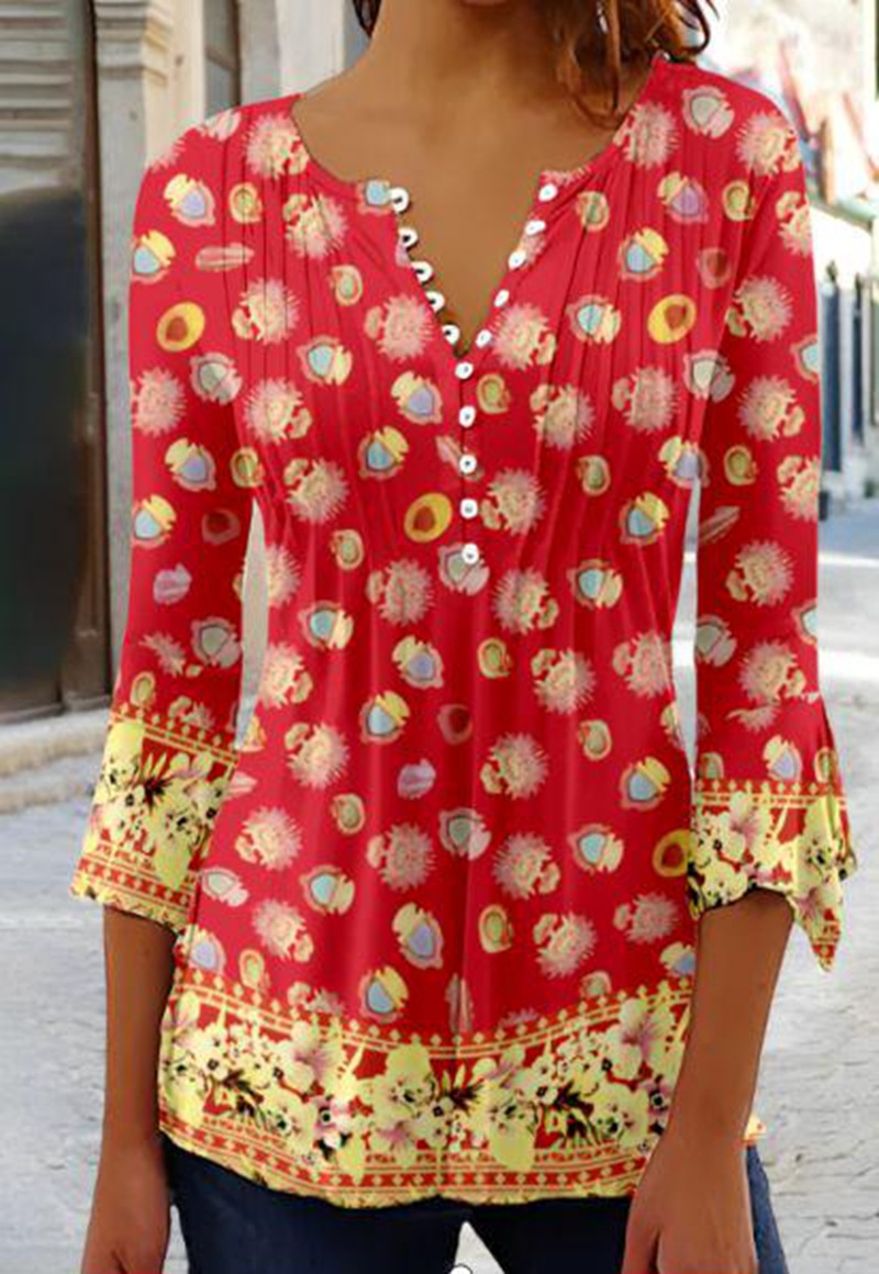 Women's Button V-Neck Printed Shirt Top with 3/4 Sleeves