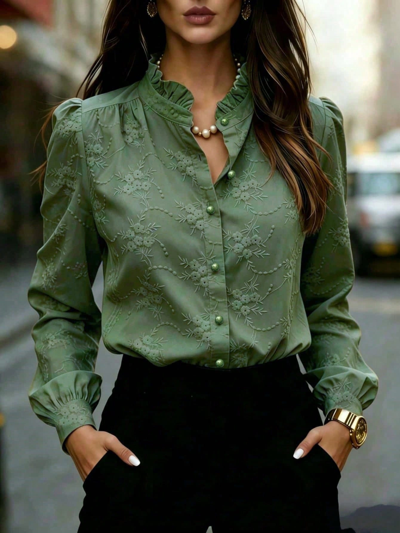 Women's Long Sleeve Lace Cutout Cardigan Shirt Button-Down Jacquard Blouse