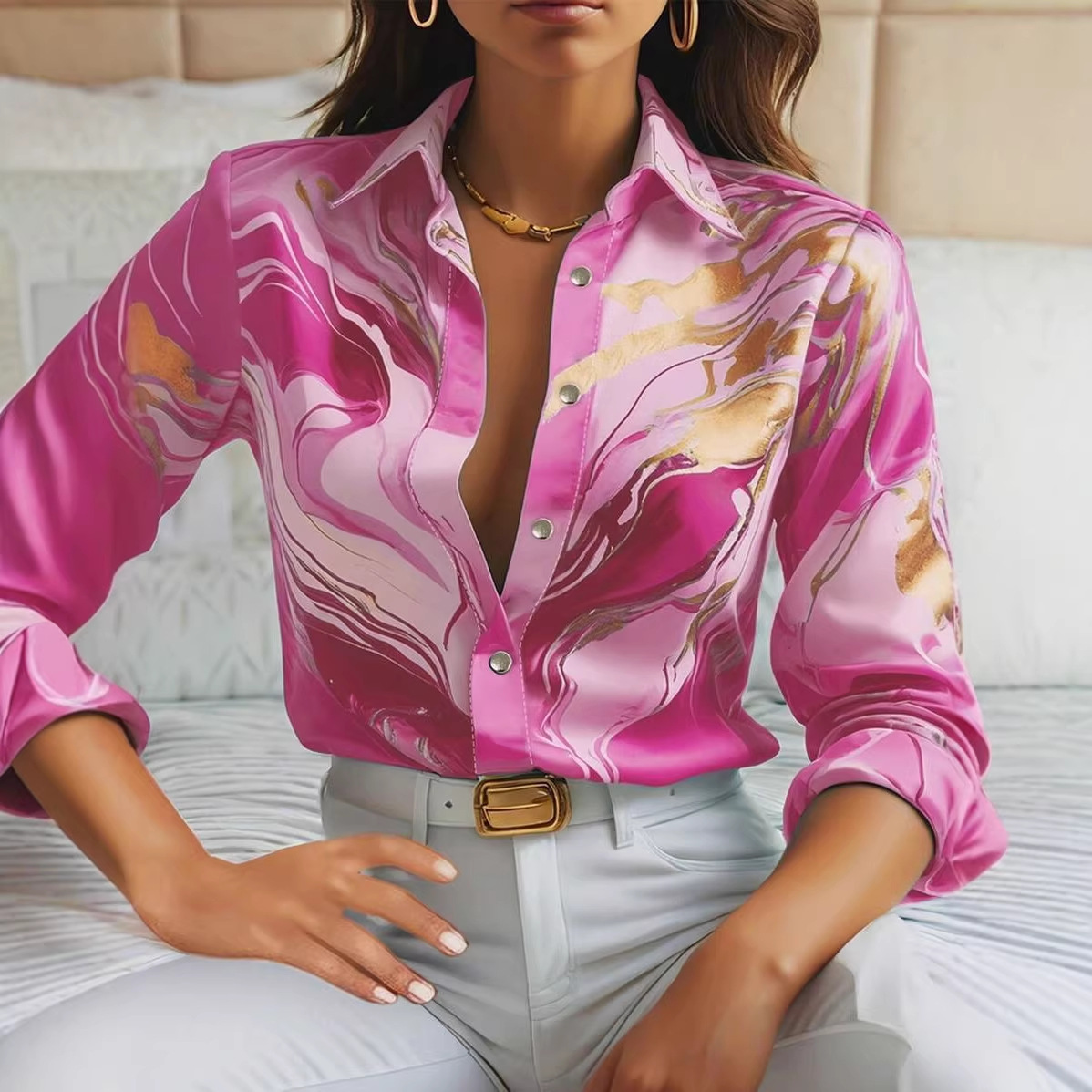 Women's Floral Leaf Print Long Sleeve Button-Up Shirt