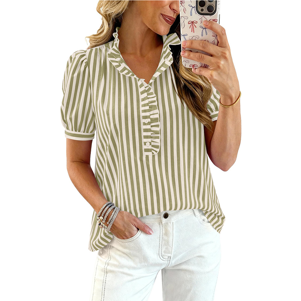 Women's Striped Button Bubble Sleeve Blouse