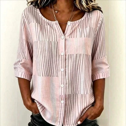 Women's Color-Block Vertical Striped Mid-Sleeve Shirt
