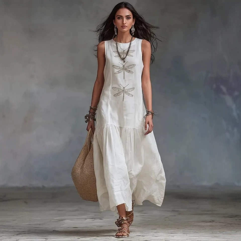 Women's Casual Round Neck Loose Sleeveless Solid Color Dragonfly Dress