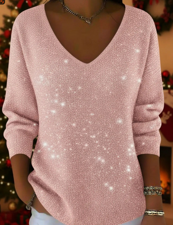 Starry Polka Dot Colorblock Print V-Neck Long Sleeve T-Shirt