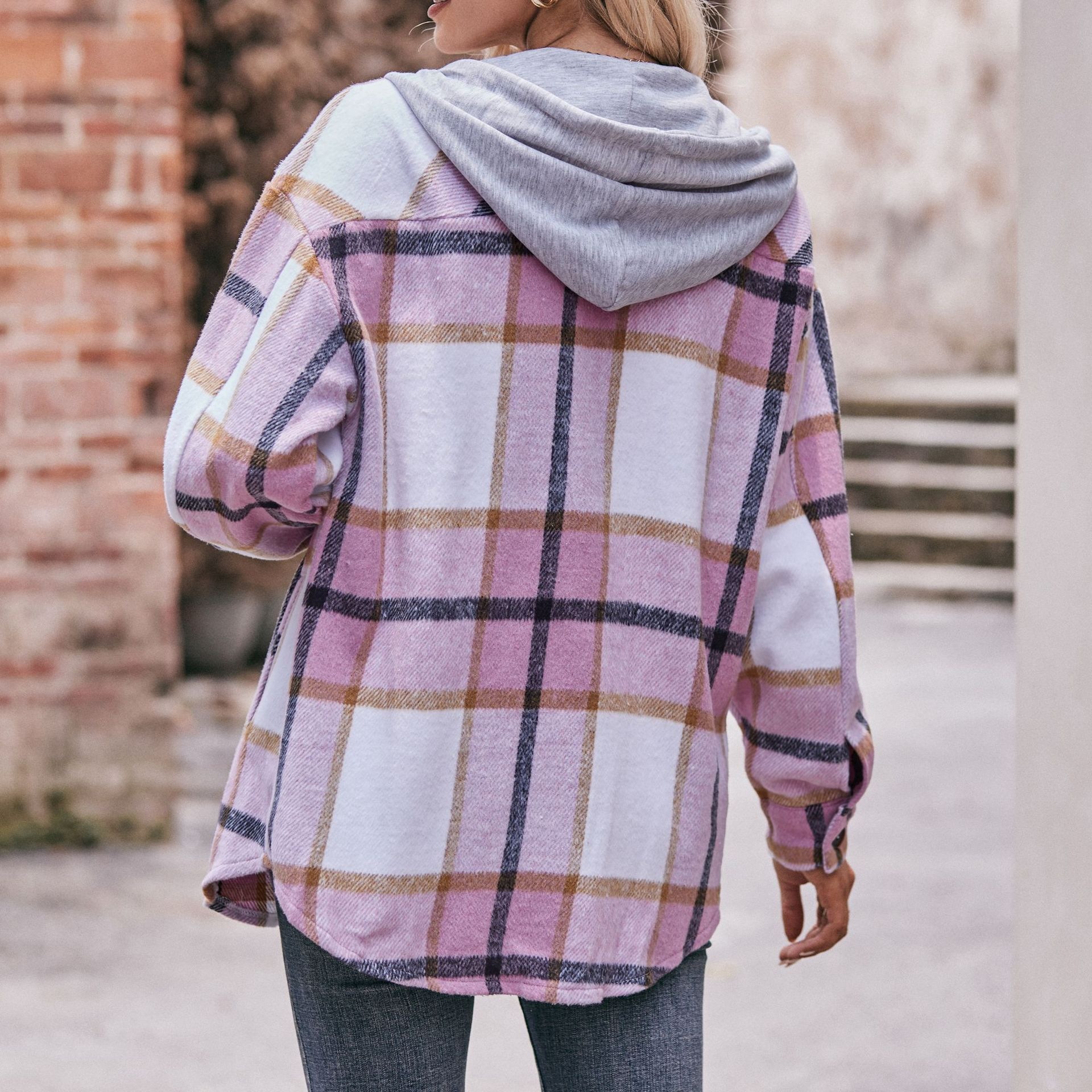 Women's Hooded Plaid Mid-Length Shirt Jacket Casual Loose Fit