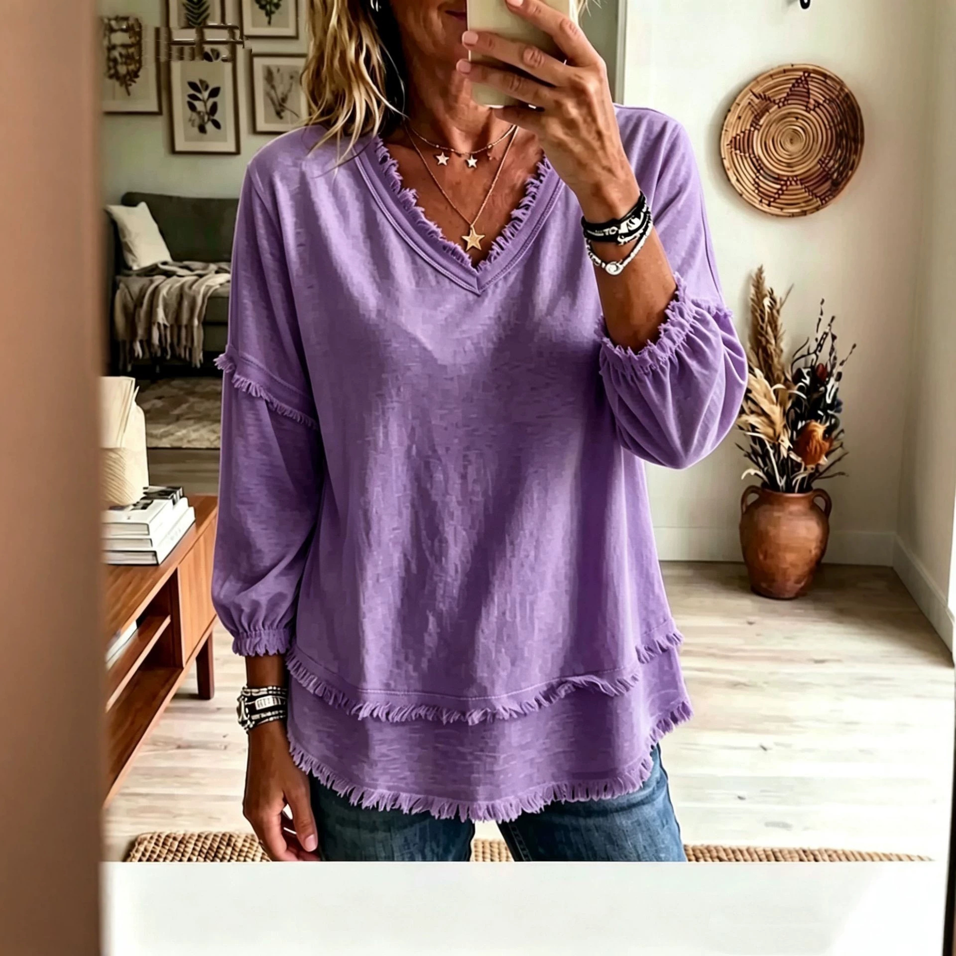 Raw Edge Trim Long Sleeve V-Neck Blouse