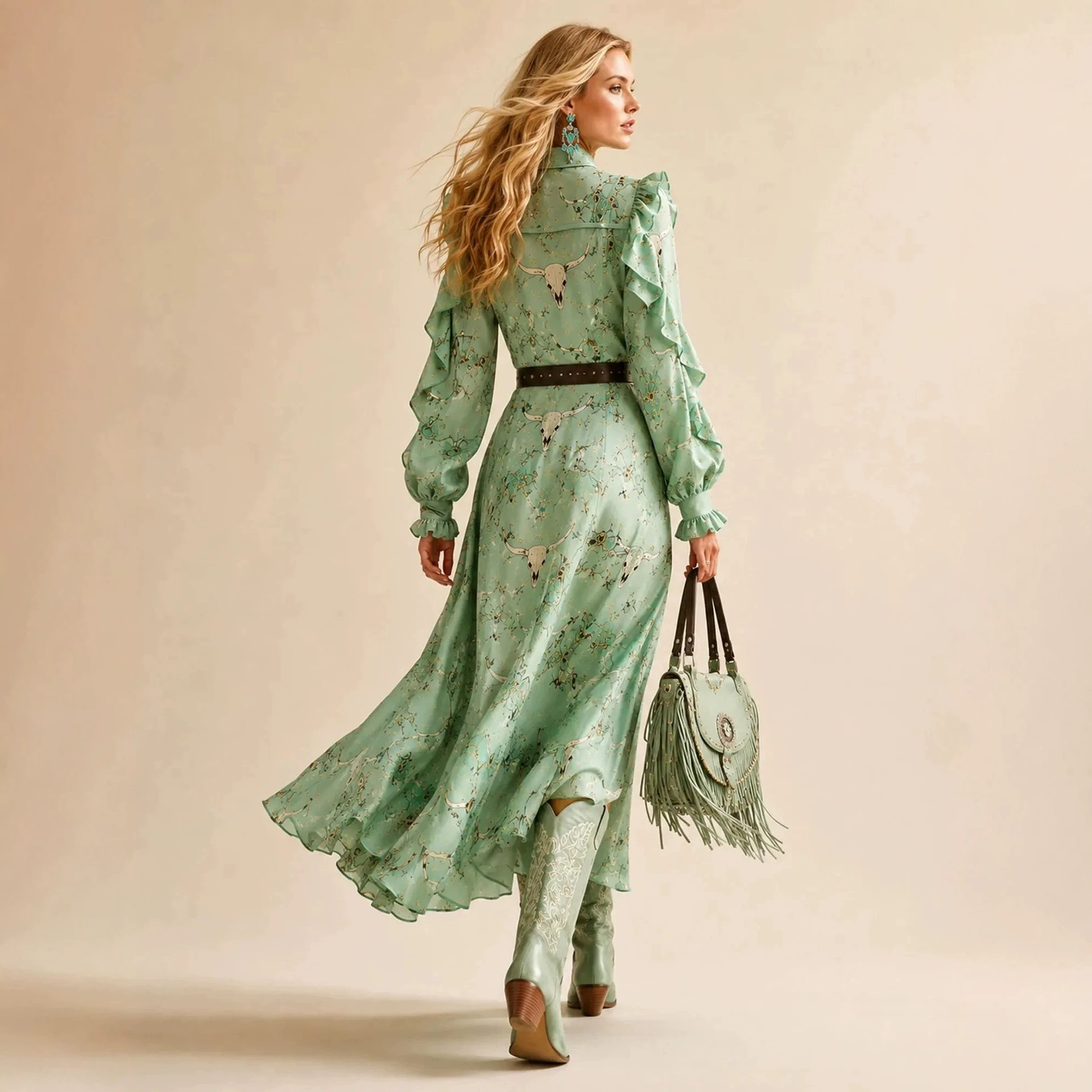 Western Print Long Dress with Ruffled Collar, Belt, and Slit Long Sleeves