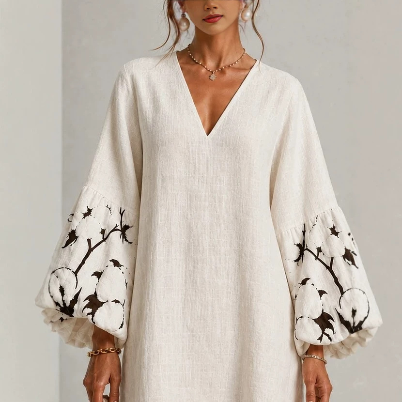Women's V-Neck Puff Sleeve Short Dress with Cuff Print Loose Fit