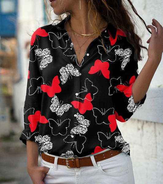 Women's Butterfly Shadow Print Long Sleeve Blouse