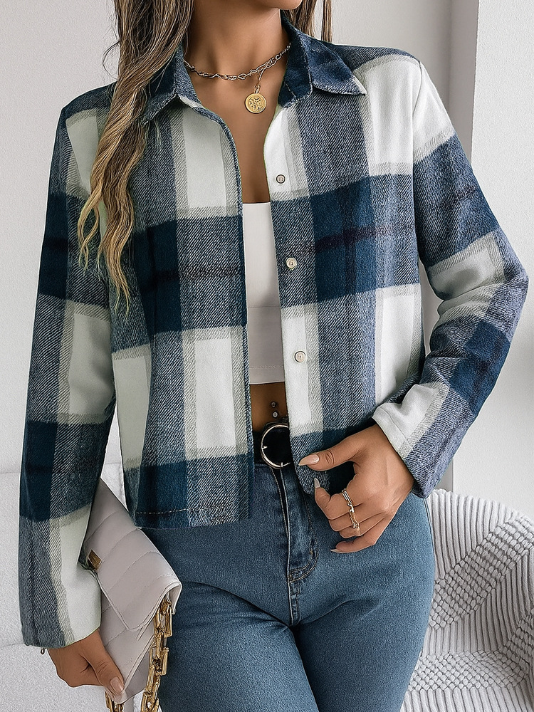 Women's Plaid Short Collared Jacket Shirt