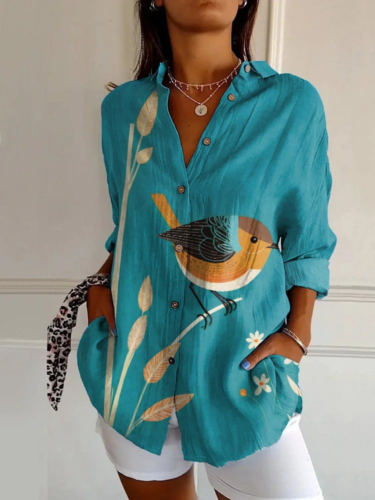 Women's Loose Casual Retro Button-Up Shirt with Graphic Print