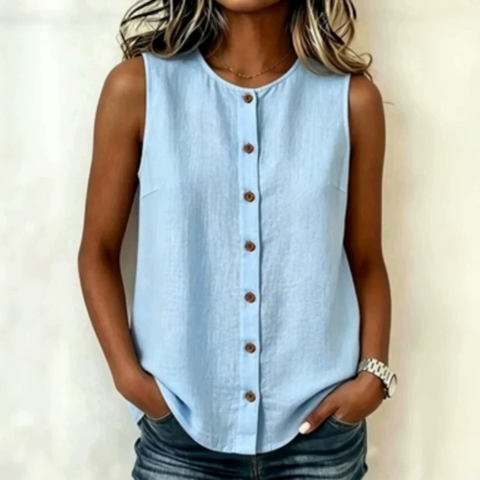 Cotton-Linen Sleeveless Button-Front Round-Neck Women's Shirt