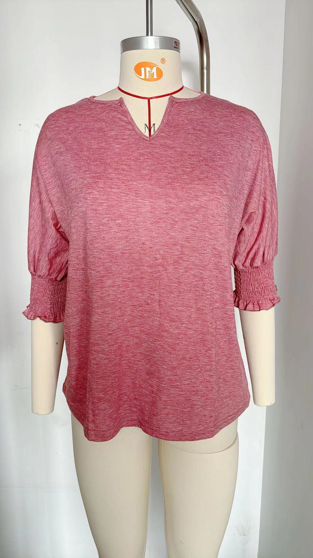 Women's Loose V-Neck Batwing Sleeve Ruched Cotton T-Shirt