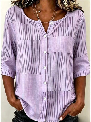 Women's Color-Block Vertical Striped Mid-Sleeve Shirt