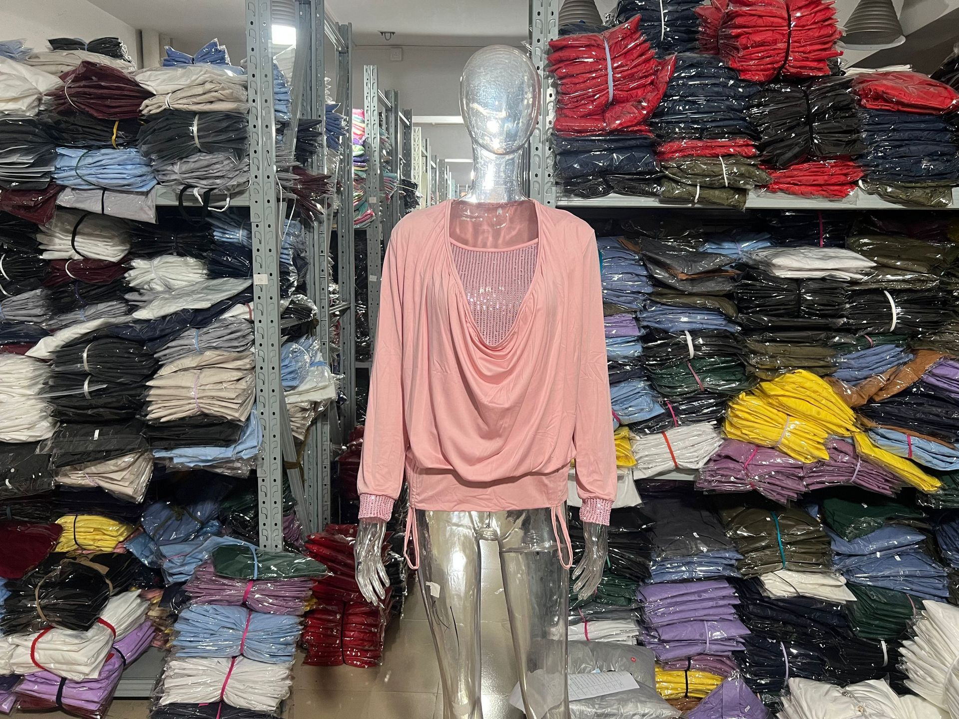 Sequin Colorblock Long Sleeve Top with Draped Neck and Ruched Faux Two-Piece Design