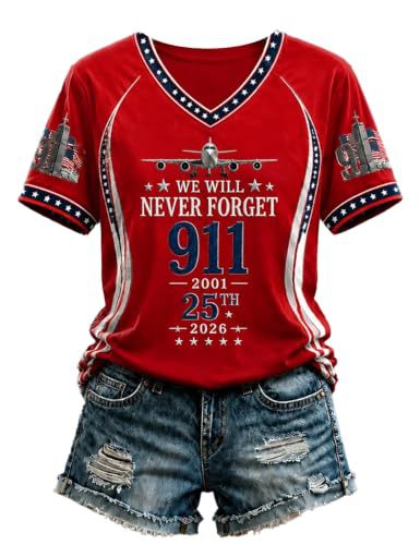 Women's V-Neck Short Sleeve T-Shirt with Airplane Twin Towers Print