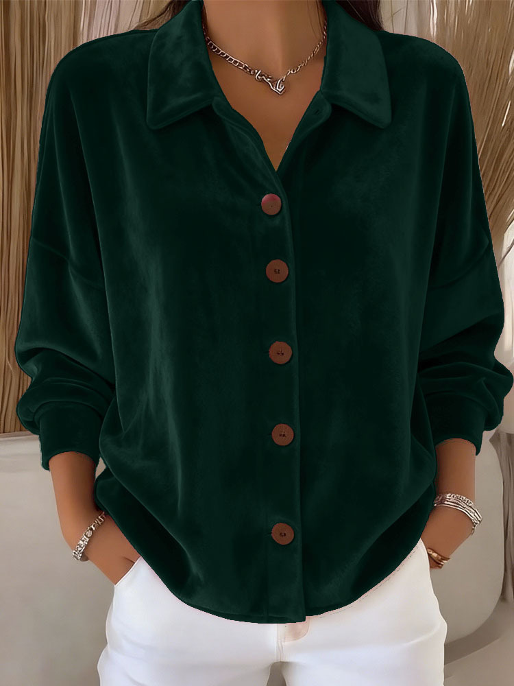 Women's Velvet Button-Front Cardigan Shirt with Collar Long Sleeve