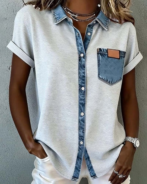 Women's Color-Block Short-Sleeve Collared Shirt