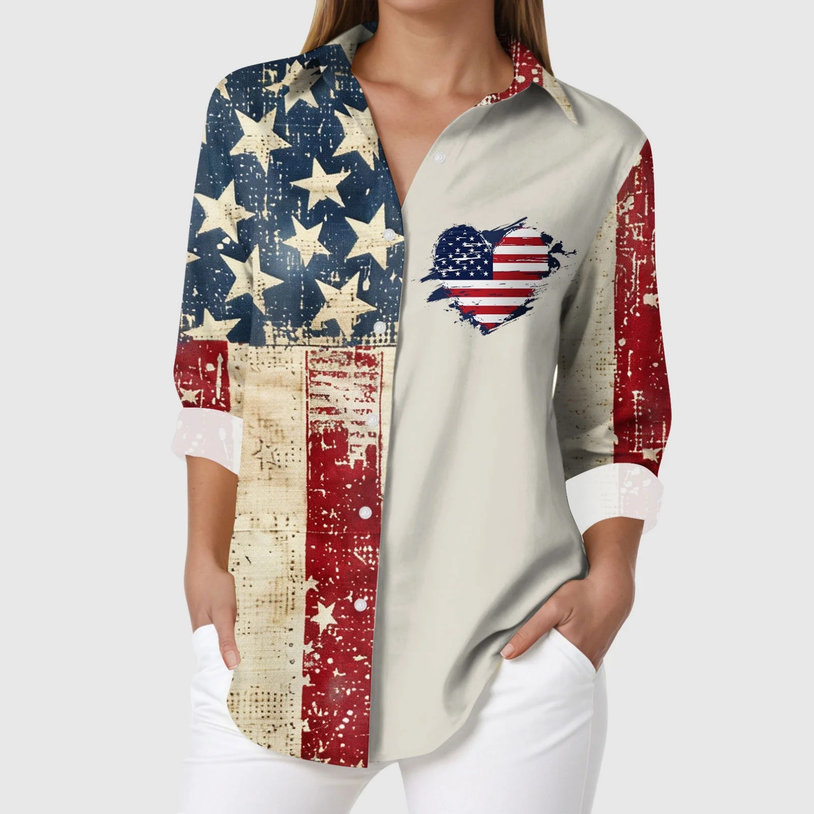 Women's Colorblock American Flag Heart Print Long Sleeve Shirt
