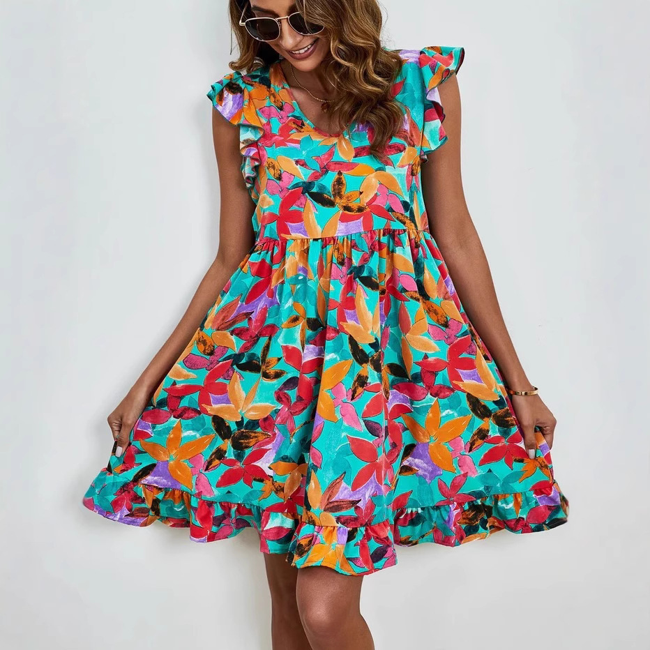 V-Neck Digital Print Ruffle Sleeve Porcelain Dress
