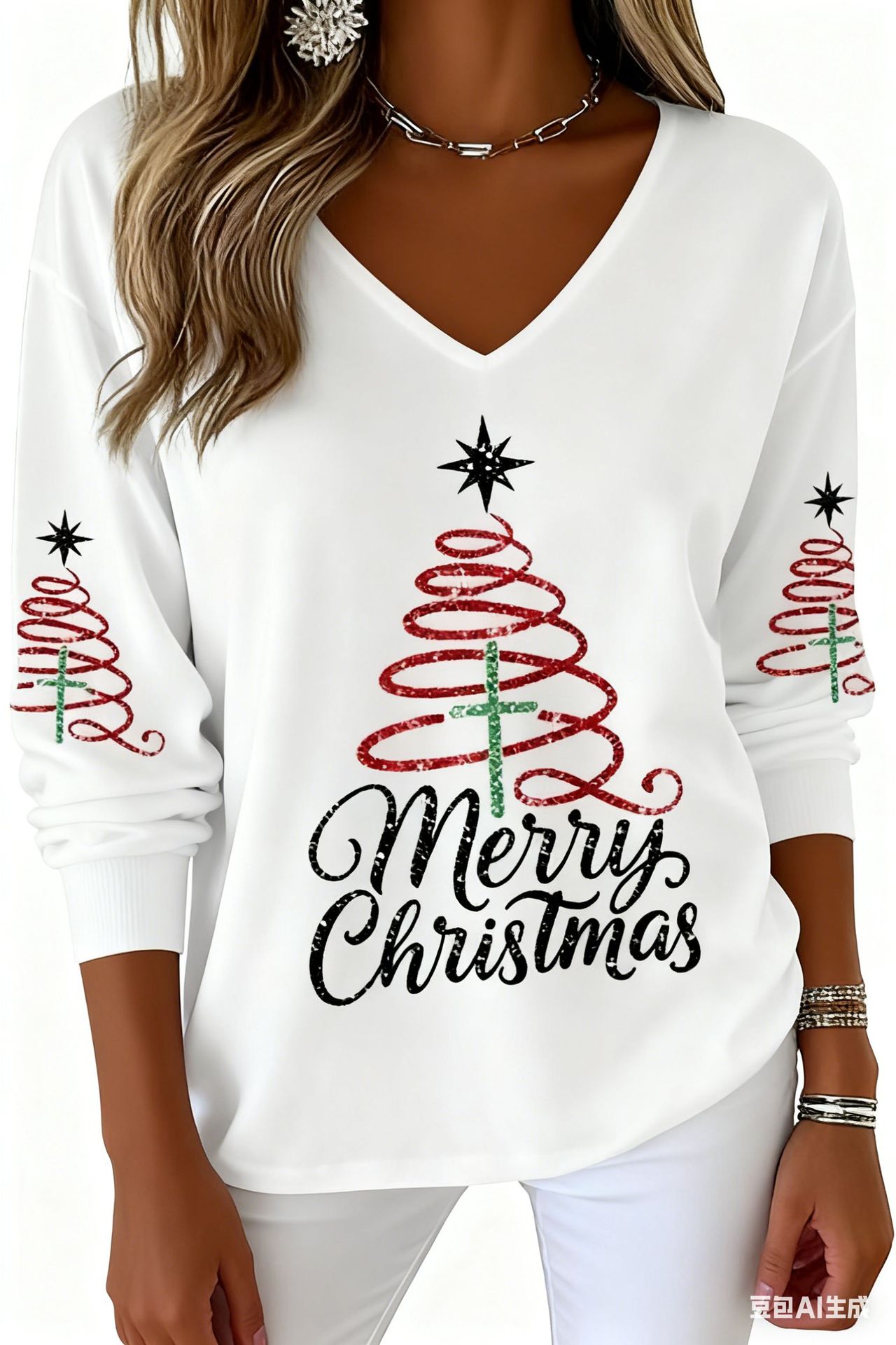 Christmas Letter Print V-Neck Long Sleeve T-Shirt for Women