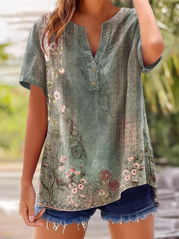 3D Print Women's Short Sleeve Two-Button Loose Casual Top