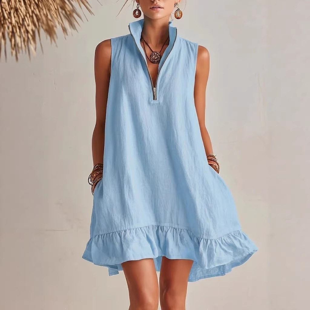 Cotton Linen Solid V-Neck Sleeveless A-Line Dress