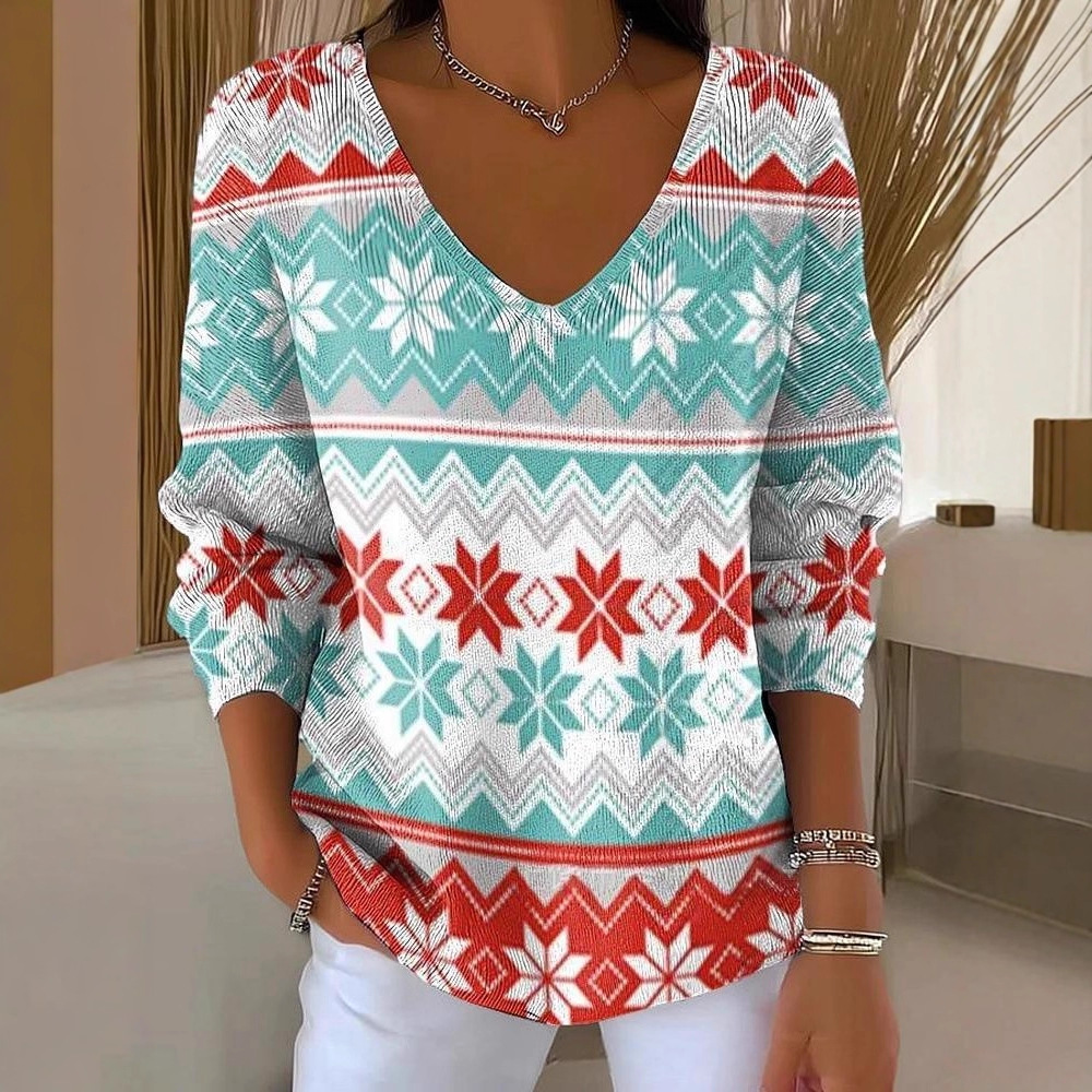Halloween Plant & Tree Print V-Neck Long-Sleeve T-Shirt for Women