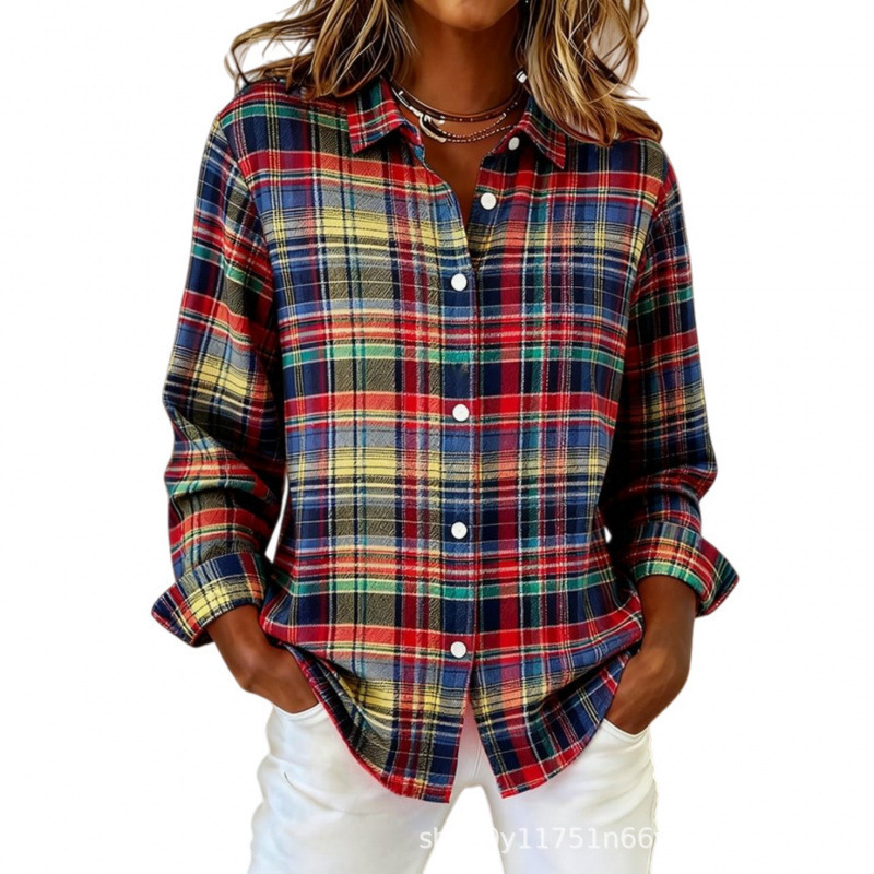 Women's Plaid Floral Print Long Sleeve Button-Up Shirt
