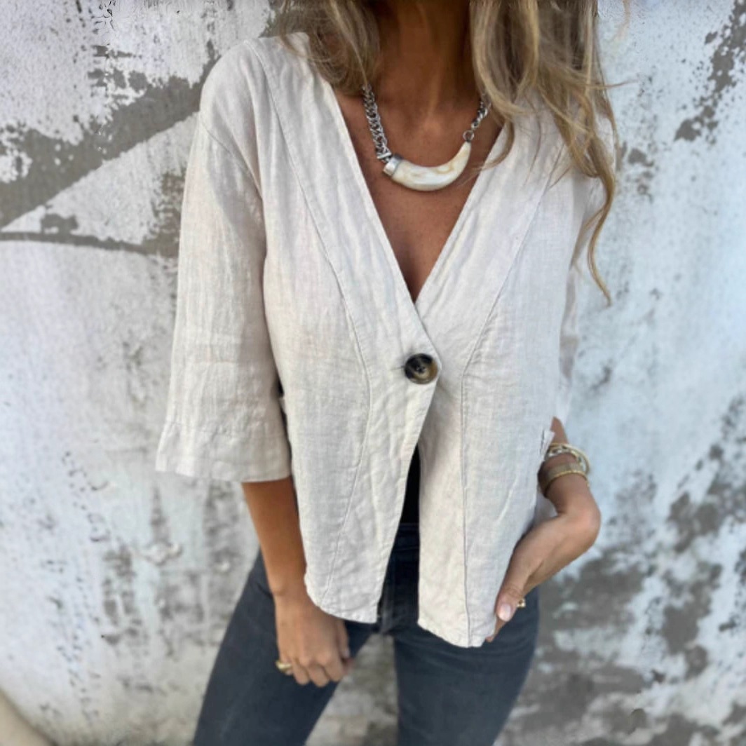 Women's Loose V-Neck Cotton-Linen Solid Shirt Tee