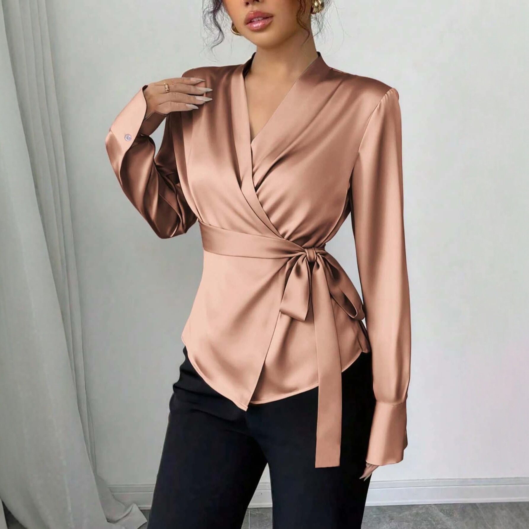 Women's Solid Satin Long Sleeve V-Neck Blouse
