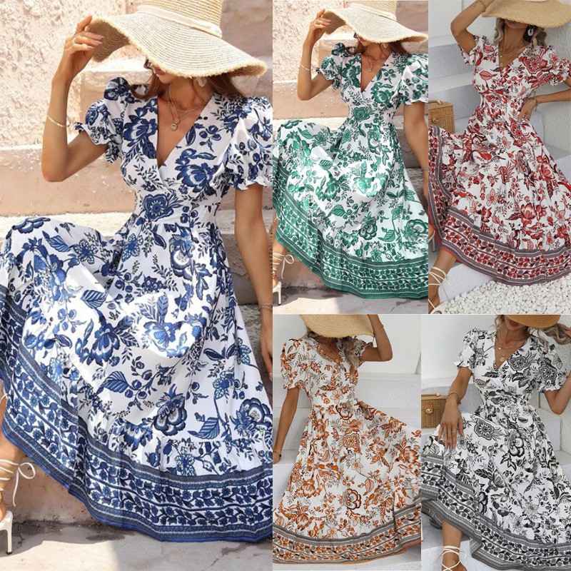 Allover Print Puff Sleeve V-Neck A-Line Midi Dress