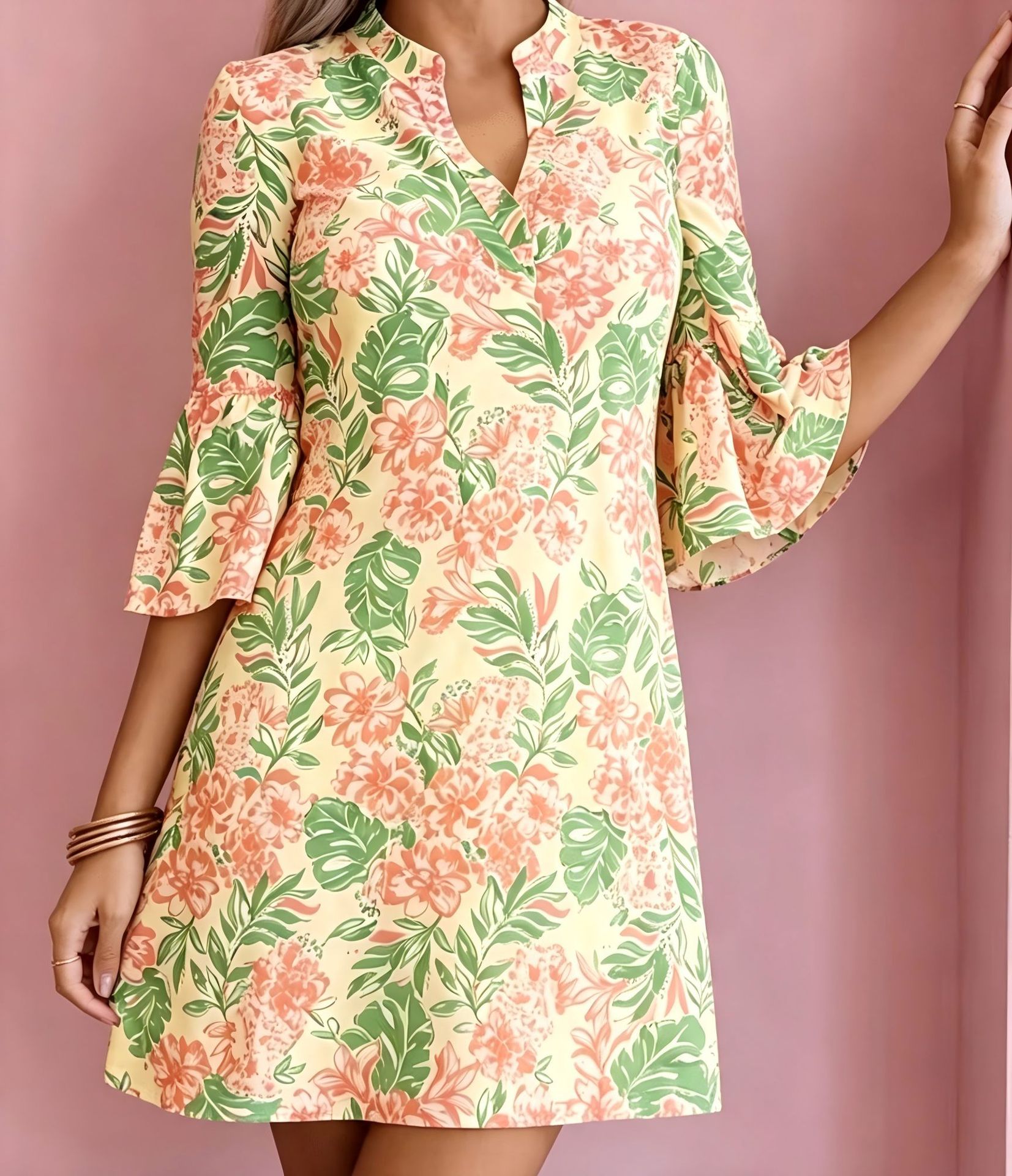 Women's Floral Leaf Print Casual Midi Dress with Deep V-Neck and Five-Quarter Sleeves