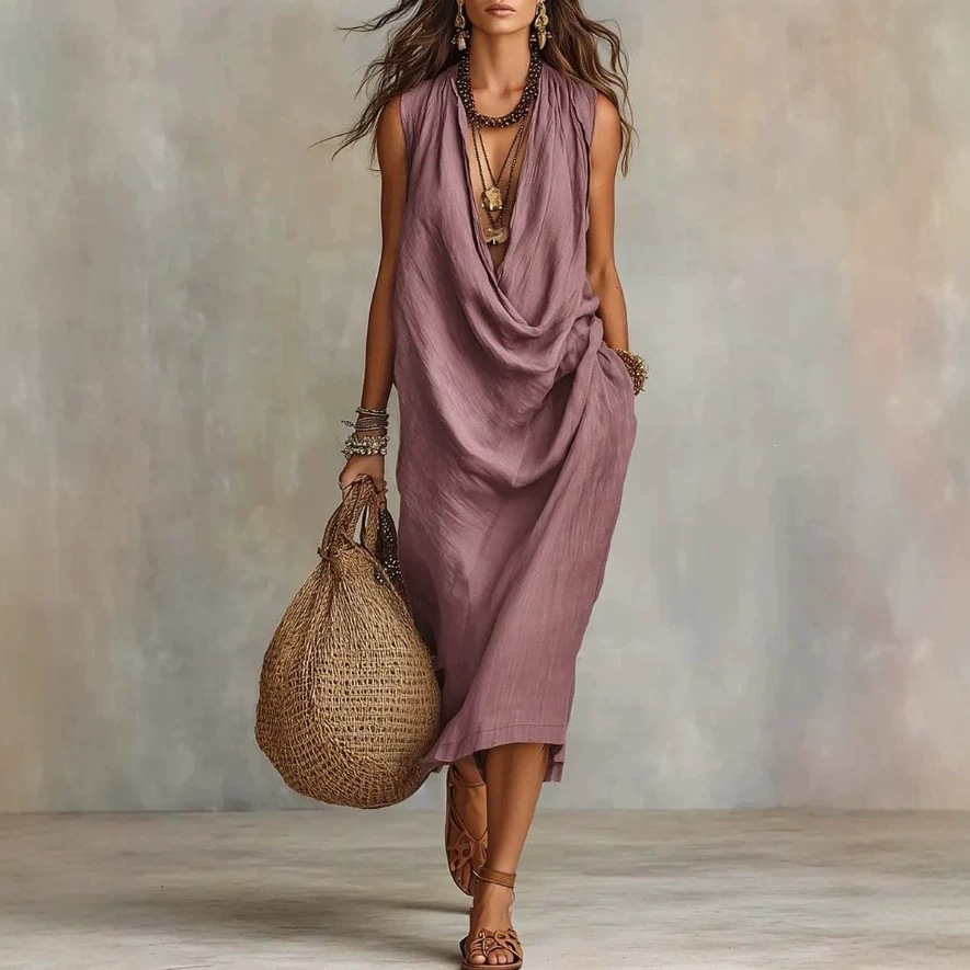 Women's Casual Draped Neck Cotton Linen Dress Loose Sleeveless Vacation Dress