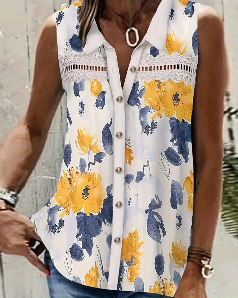 Floral Print Sleeveless Collared Button-Up Blouse