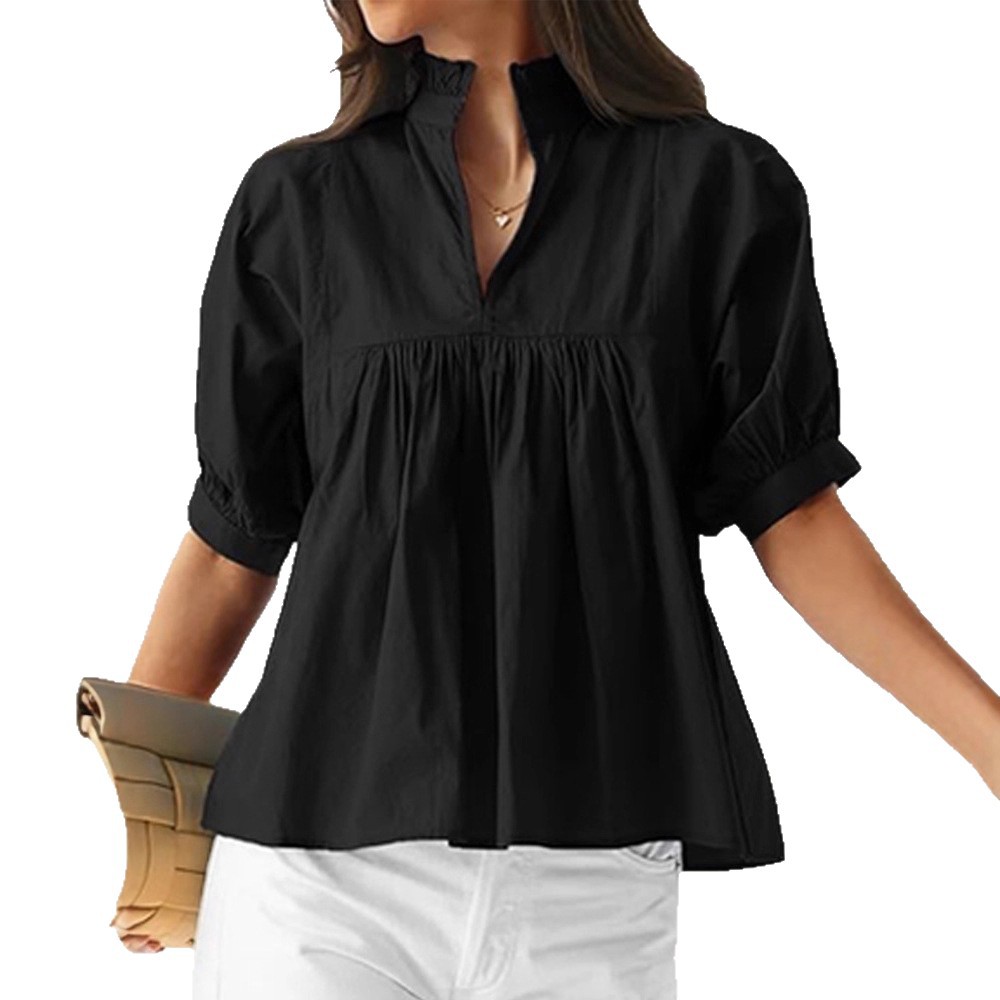 Women's V-Neck Lantern Sleeve Blouse Loose Solid Pleated Casual Top
