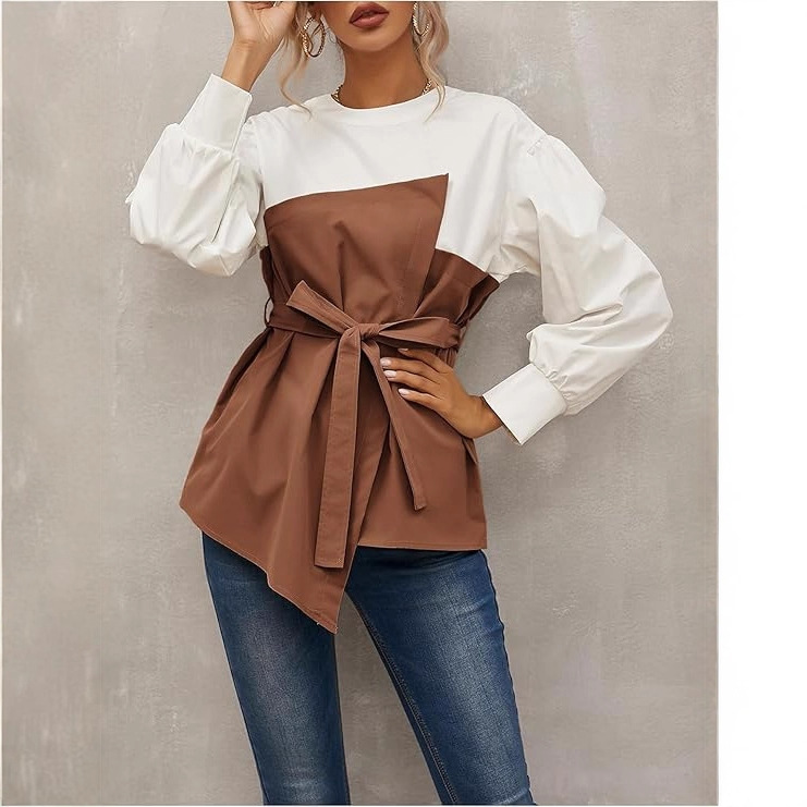 Elegant Asymmetric Colorblock Puff Sleeve Blouse