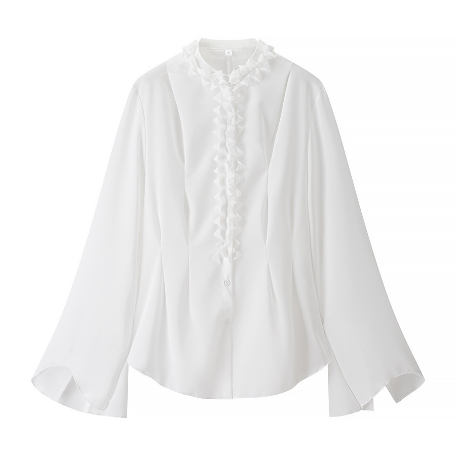 White V-Neck Long-Sleeve Blouse with Ruffle Sleeves