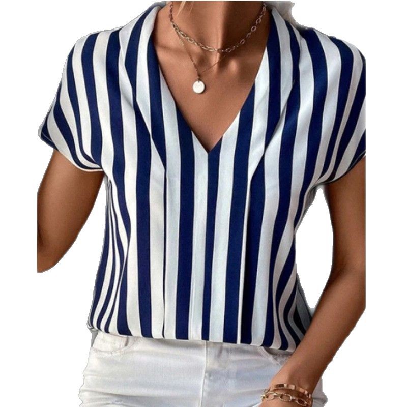 Women's Striped Button-Up Shirt Loose Casual Short Sleeve V-Neck Top