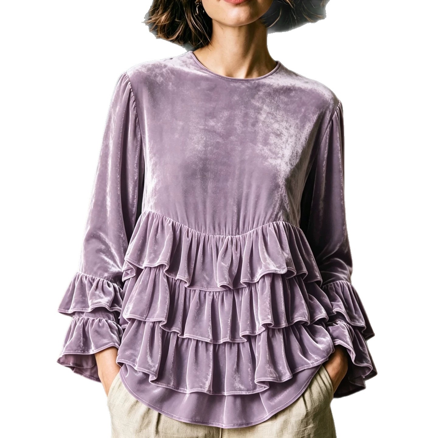 Women's Long Sleeve Ruffle Crewneck Solid Color Loose Casual T-Shirt