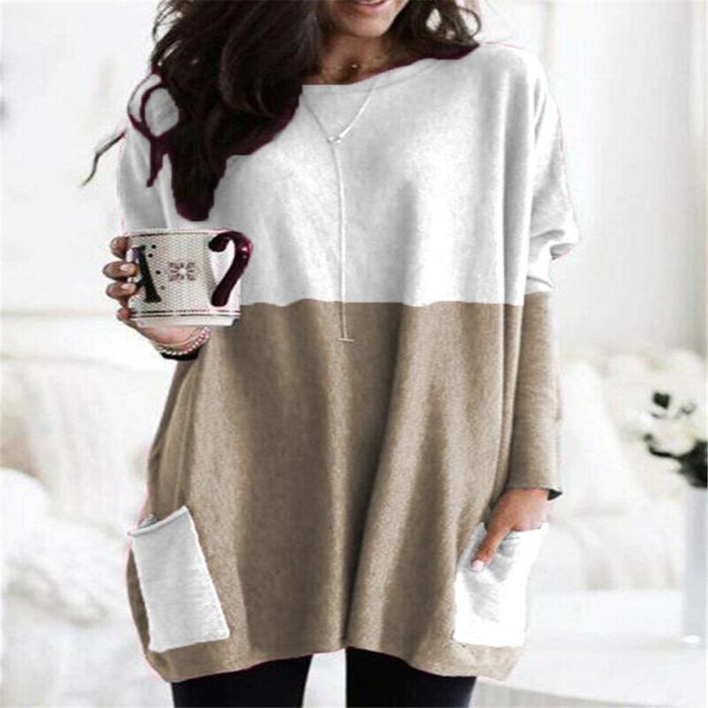Women's Long Sleeve Pocket T-Shirt Casual Loose Fit Solid Color