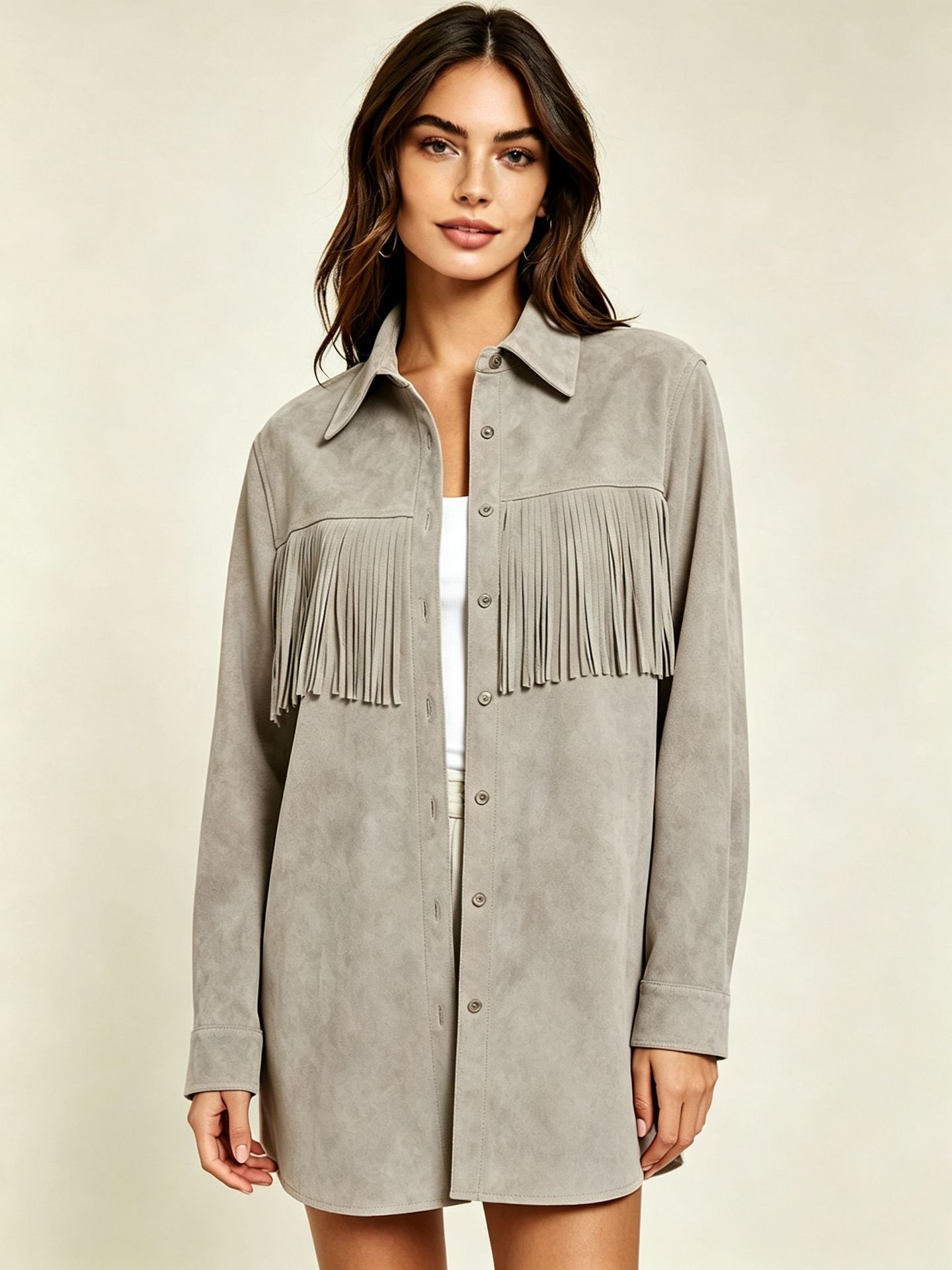 Faux Suede Fringe Shirt Women's Collared Long Sleeve Loose Mid-Length Cardigan Jacket