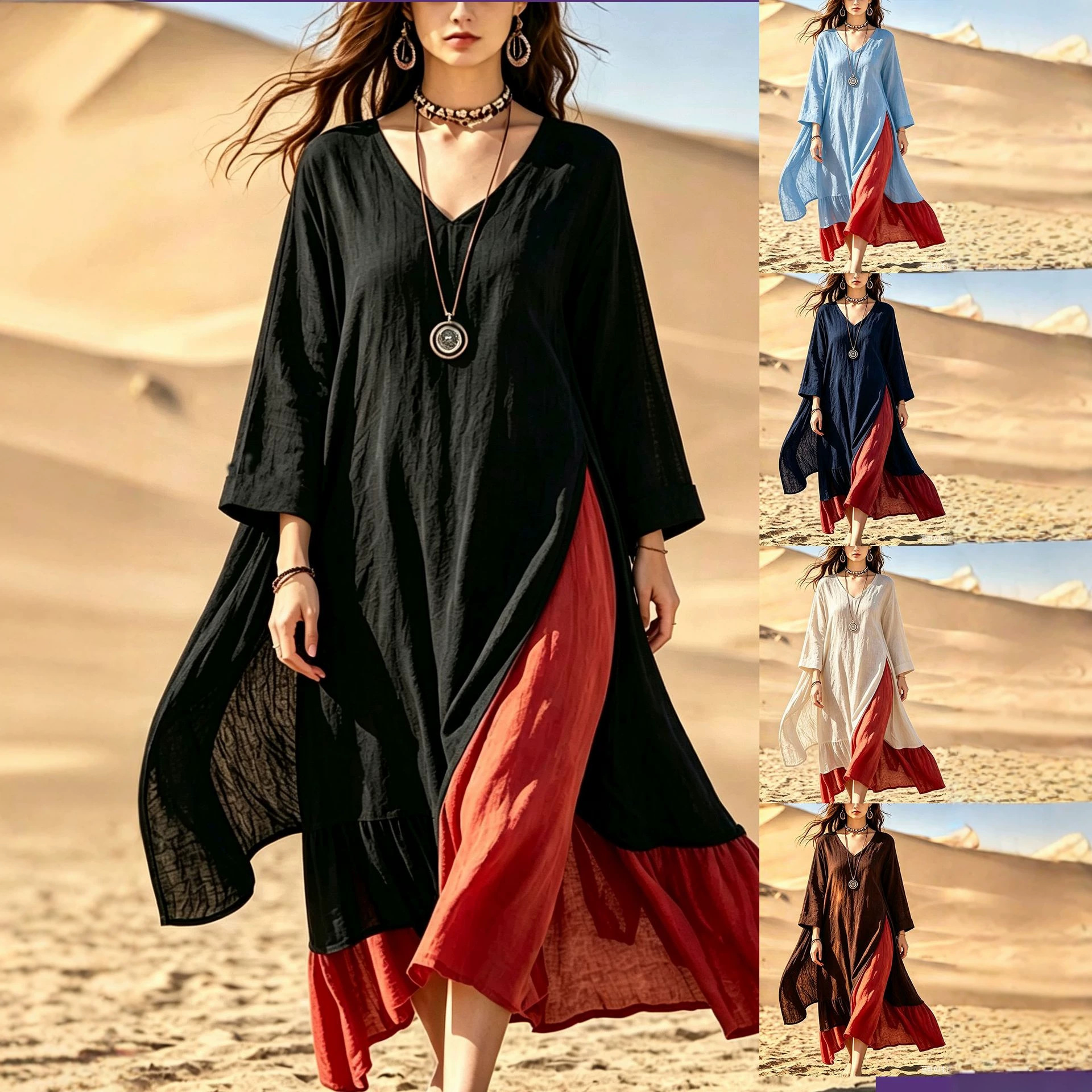 Bohemian Colorblock Patchwork Long Dress V-Neck Slit Beach Maxi
