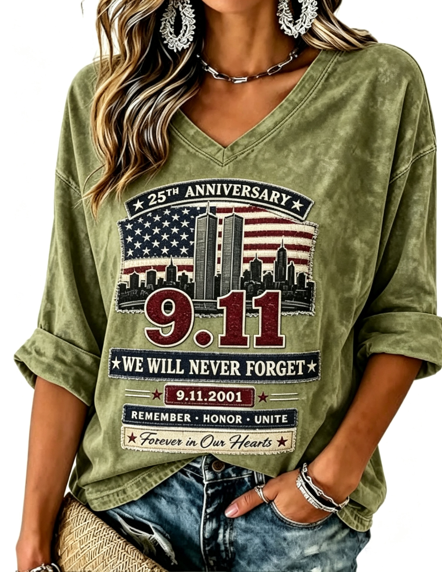 Women's Twin Towers Print Mid-Sleeve Blouse