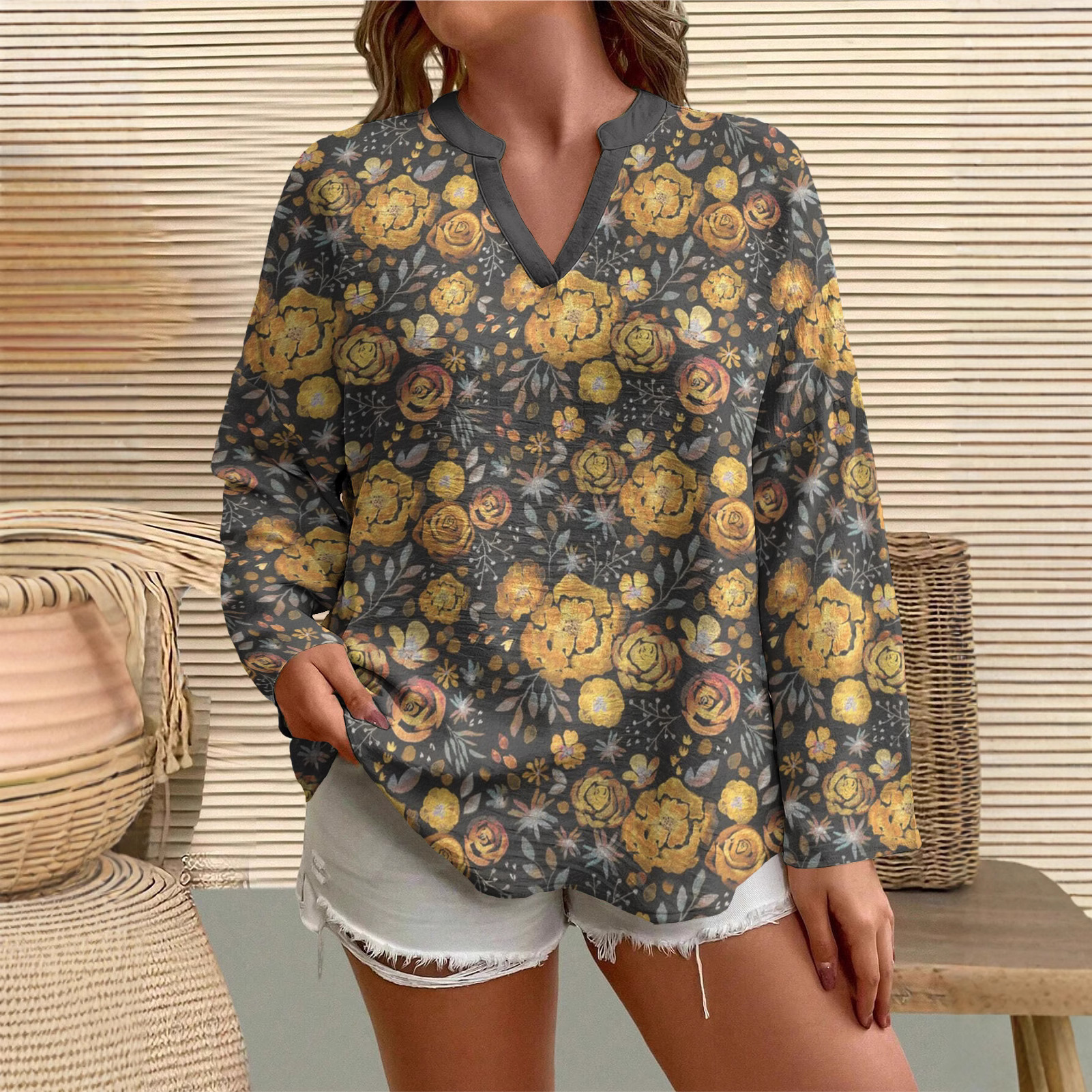 Women's V-Neck Long Sleeve Printed T-Shirt Blouse