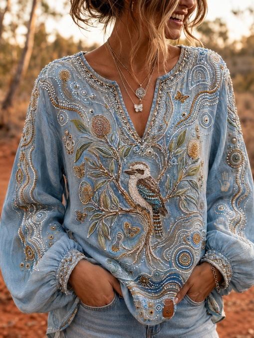Women's Vintage Tribal Print Long Sleeve V-Neck Shirt